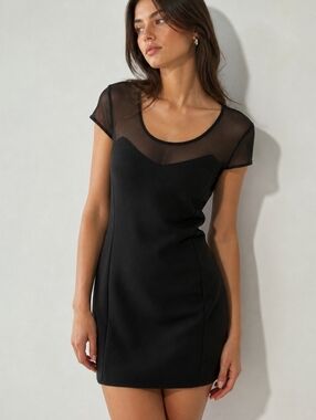 ECI Black Mesh Yoke Mini Dress Size 6 Sheer Panel LBD Chic Minimalist y2k
